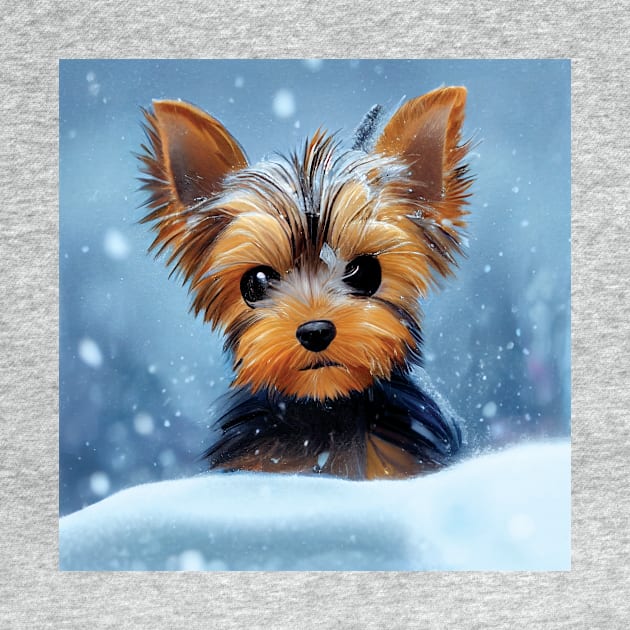 Adorable Yorkshire Terrier Puppy Dog in the Snow by Geminiartstudio